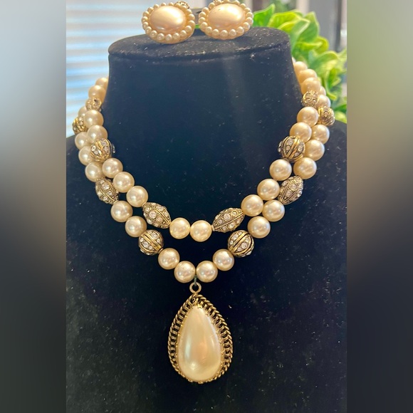 π₯ VINTAGE 3 PIECE SET-GORGEOUS PEARL AND DIAMOND CRYSTAL ELEGANT CLASSICπ₯ - Picture 9 of 12